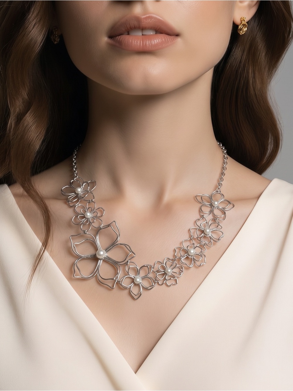 Silver Tone Floral Pearl 3D Statement Necklace One Size